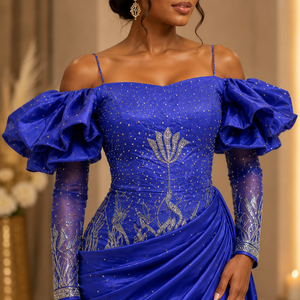 Tissu George bleu roi perlé avec broderie florale argentée et détails de sequins, bordure épaisse, pour tenue de mariage nigériane pour filles - Product Image 2