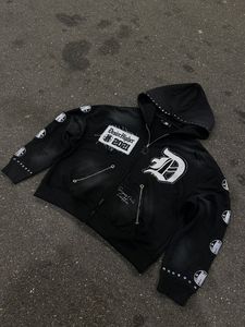 Custom Logo Oversized Black Studded <b>Zip</b>-<b>Up</b> Hoodie Premium Unisex Gothic Streetwear Fashion Hooded Sweatshirt <b>Jacket</b> for Men Wome - Product Image 1