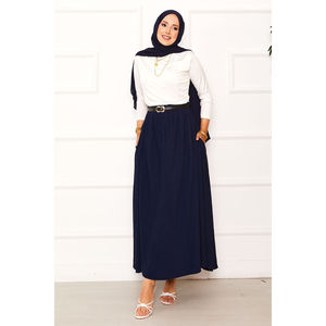 Navy Blue Pencil <b>Skirt</b> for Office Ladies Comfortable Breathable Chiffon Satin <b>Elastic</b> Waist Pocket Slit Decoration Spandex - Product Image 3