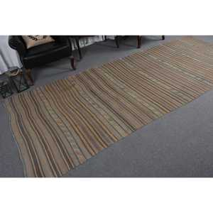 Vintage Kilim Runner Rug 4.8x12 ft (145x365 cm), Turkish <b>Brown</b> Check <b>Wool</b> Rug - Product Image 5