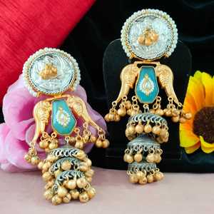 หินมอสซาไนท์เหมือนสีเงิน Jhumkas สำหรับผู้หญิงทำจากทองเหลืองผิวเคลือบสีเงินสารออกซิไดซ์เป็นมิตรต่อผิว - Product Image 1