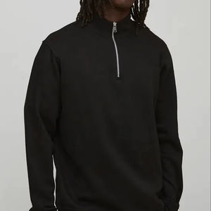 Sweat-shirt à capuche tricoté noir uni surdimensionné pour homme, hiver 2026, avec demi-fermeture éclair sur le devant, imprimé, en coton épais respirant, logo personnalisé - Product Image 1