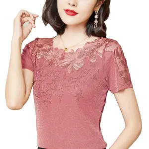 ผู้หญิงเสื้อยืด 2024 ใหม่Basicลูกไม้เย็บปักถักร้อยตาข่ายเสื้อแฟชั่นลําลองแขนสั้นร้อนเจาะผู้หญิงเสื้อยืด - Product Image 1