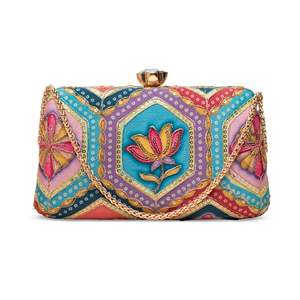 Artklim Half Moon Pattern Evening <b>Clutch</b> Turquoise & Multicolor Lotus Motif for Parties and <b>Weddings</b> - Product Image 4