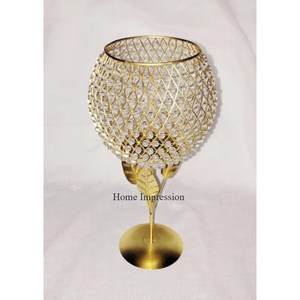 Most Beautiful Attractive Look Gold Plated Leaves Designer Stand and Base With Clear <b>Crystals</b> Beaded <b>Candle</b> Holder From India - Product Image 1