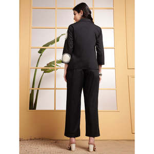 Deebaco Women's Black Embroidered 2-Piece Co-Ord Set With Dot Pattern Cotton Shirt And <b>Trouser</b> Loose Fit Casual Summer Wear - Product Image 5