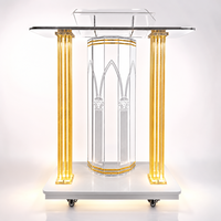 Atril de Acrílico Transparente con Columna LED Dorada, Podio para Iglesia, Bodas y Eventos, Atril Personalizado con Ruedas