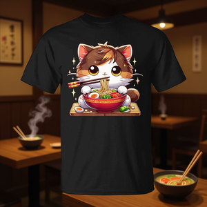 T-Shirt Gatto Kawaii che Mangia Ramen, Maglietta Promozionale per Amanti degli Noodles Giapponesi - Product Image 3