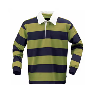 Polo de manga larga de rugby personalizado para hombre, Camiseta de algodón pesado con logotipo bordado y diseño a rayas - Product Image 1