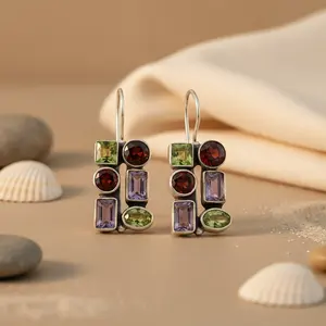 Boucles d'oreilles pendantes vintage en argent 925 pour femmes avec pierres précieuses multiples et pendentif en or 18 carats, perle d'eau douce - Product Image 1