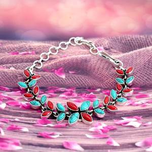 Handmade 925 <b>Sterling</b> <b>Silver</b> Fine Charm <b>Bracelet</b> Natural Turquoise and Coral Gemstone Gift for Girls and <b>Women</b> - Product Image 1