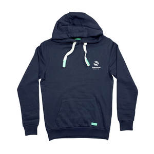 Sudadera con capucha unisex de poliéster y algodón azul marino con estampado de patrón sólido, sudadera deportiva de invierno con bolsillo y parche en contraste - Product Image 1