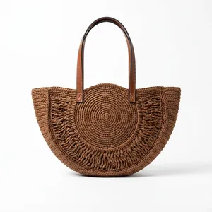 Sac à bandoulière en paille tressée fait main, sac fourre-tout en rotin avec poignées en cuir, idéal pour l'été, la plage et les voyages pour femmes - Product Image 2
