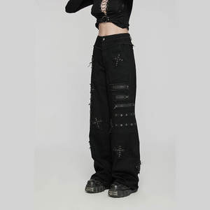 Pantalon large à jambes larges pour femmes, noir, gothique, punk, avec patch en forme de croix, décoratif, avec fermetures éclair - Product Image 2