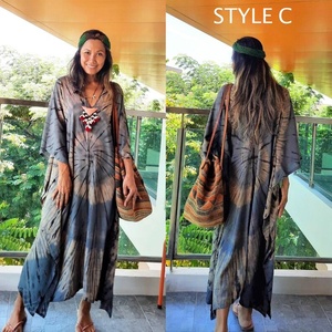 Robe de plage longue en coton pour femmes, caftan en tissu teint par nouage, coupe ample, longueur Maxi, col en V - Product Image 3