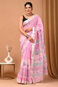 Sari indien de style ethnique traditionnel pour femmes tissé à la main 100% coton Saree éco-conscient chemisier flammé fête longueur au sol bas prix - Product Image 4