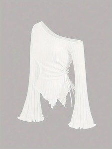 Haut asymétrique à une épaule en maille à manches lanternes, grande taille, couleur unie, design froncé, pour adolescentes, broderie décontractée 100% - Product Image 2