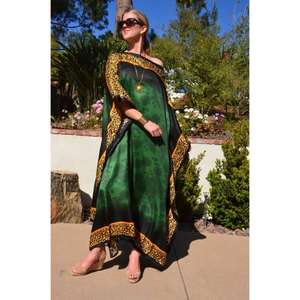 Vestido Largo Tipo Kaftan con Estampado Animal Verde para Mujer, Borde de Leopardo, Ajuste Holgado, Estilo Informal, Ropa de Lujo para Resort - Product Image 2