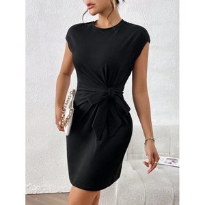 Women's Short Sleeve Crew <b>Neck</b> <b>Tie</b> Waist Modal Mini Dress, 25626 - Product Image 3