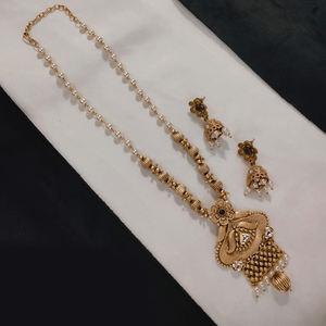 Conjunto de collar de perlas y piedra de pota chapado en oro tradicional, joyería étnica elegante para mujeres y niñas - Product Image 3