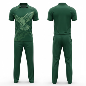 Ensemble d'uniformes de cricket pour hommes respirants et personnalisés de haute qualité |   Maillot et pantalon sublimés vert foncé avec motif aigle, séchage rapide - Product Image 3