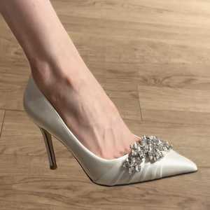 Early Spring White French Rhinestone Pointed <b>Toe</b> Comfort <b>Closed</b> Stiletto Bridal Bridesmaid Formal Women High <b>Heels</b> - Product Image 1