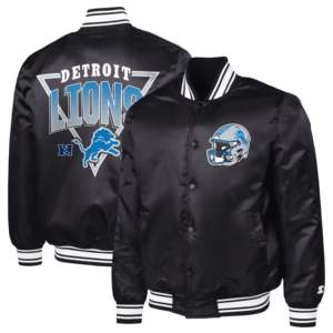 Veste de baseball universitaire personnalisée pour homme, style Letterman, noire, avec imprimé graphique triangulaire des Detroit Lions, en satin, entièrement boutonnée - Product Image 3