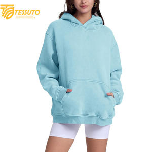 Vente en gros de sweats à capuche de haute qualité, couleur unie, avec impression de logo sur mesure, 100% coton, courts pour femmes - Product Image 2