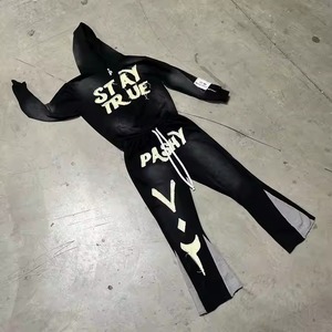 Custom Sweat Flares Pant Acid Wash Sweatsuit Sudadera con capucha y pantalones de chándal Stack Jogger Set Suit Vintage Full Zip up Chándal para hombres - Product Image 1