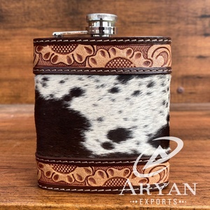 2025 New Wholesale 8oz Portable Brown Cowhide Leather Wrapped Stainless Steel Hip Flask Hand Tooled Leather Wine Whiskey Flask - Product Image 1