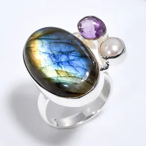 แหวนมุกอเมทิสต์ลาบราดอร์ไทต์ธรรมชาติ 925 เครื่องประดับเงินสเตอร์ลิงสําหรับผู้หญิงขายส่งแหวนเงินดีผู้ส่งออก - Product Image 1