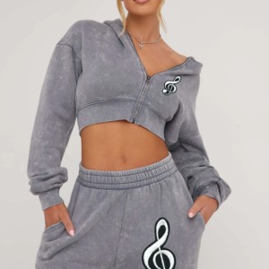 OEM Women's Winter 100% Cotton Gym Crop Top Oversize Hoodie Sweatshirt Pants <b>Set</b> Solid 2-Piece Tracksuits for Girls Personalized - Product Image 2
