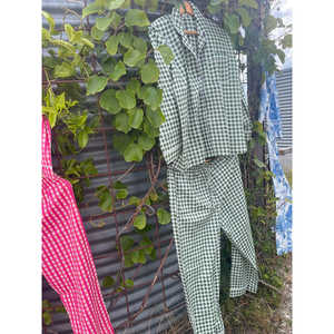 Long Green Gingham Check <b>PYJAMAS</b> Soft Woven Floral Print Homewear Elastic Waist Button Customizable <b>One</b> Fits All Sustainable ODM - Product Image 3