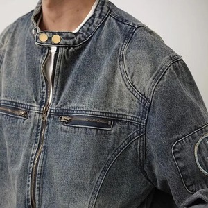 Veste en jean pour homme Texture délavée décontractée Top Street Brodé Bras Patch Bouton Col Veste tendance pour homme - Product Image 4