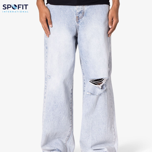 กางเกงยีนส์ขายาวแบบลำลองแนวไฮสตรีทสีพื้นระบายอากาศได้มีกระดุมกระเป๋าผ้าเดนิมทำจากผ้าฝ้าย100% - Product Image 1