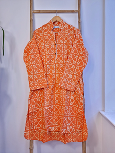 Luxe indien main bloc Orange poinçon géométrique coton tricoté femmes vêtements de nuit doux Style décontracté pour l'été et le printemps - Product Image 3