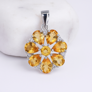 Rhaya Jewels Women's 100% Natural <b>Citrine</b> Flower <b>Pendant</b> Rhodium Plated Sterling Silver Minimalist Fine Micro Insert Charms Gift - Product Image 5
