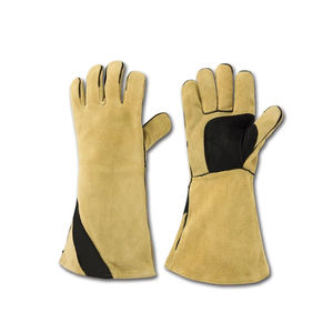 High Quality 7 oz 16INCH Breathable <b>Silicone</b>-free Powder-free Short Stripe Back Safety Cuff Patched Palm Cow Grain <b>Gloves</b> - Product Image 1