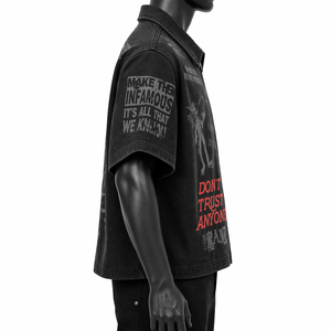 Camisa Oversize Personalizada para Hombre con Cremallera, Manga Corta, Corte Holgado, Estilo Urbano, Estampado Gráfico Lavado, Venta al por Mayor OEM - Product Image 4