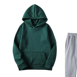 ชุดวอร์มฮู้ดดี้สีเขียวเข้มพร้อมกางเกงจ็อกเกอร์สีเทาอ่อนสำหรับผู้ชายผู้หญิง ชุดลำลองสำหรับฤดูหนาว ชุดกีฬา ขายส่งจากโรงงาน รับผลิตแบบ OEM - Product Image 2