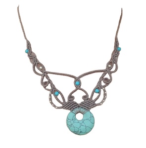 <b>Long</b> Necklace in Taupe Gray Micro Macrame with Pearls and <b>Matching</b> Donut Pendant in Natural Howlite Stone Moonstone Pearl Neckl - Product Image 1