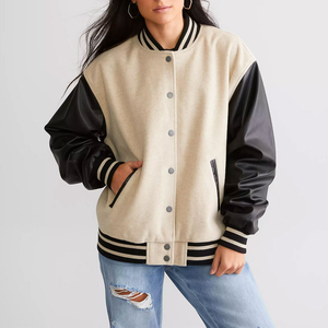 Chaqueta Universitaria Corta de Nuevo Estilo para Mujer con Cuello Alto de Piel de Oveja, Mangas Largas para Invierno, Diseño de Béisbol en Color de Contraste - Product Image 1