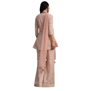 Palazzo Lucknowi Kurti rose avec filet Dupatta Vente en gros de vêtements ethniques pour femmes Vêtements OEM Fournisseur d'usine de vêtements Tenue de fête - Product Image 5
