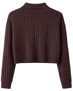 Pull en maille torsadée à col polo pour femme, personnalisé, marron foncé, coupe courte, manches longues, ourlet côtelé, patte de boutonnage, décontracté, pull d'hiver - Product Image 2