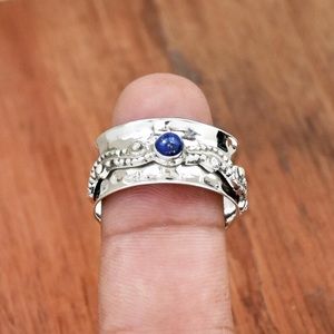 Lapis Lazuli <b>Spinner</b> <b>Ring</b> Hammered Chunky Silver Engraved Boho Statement Meditation <b>Ring</b> Gift for Her - Product Image 3