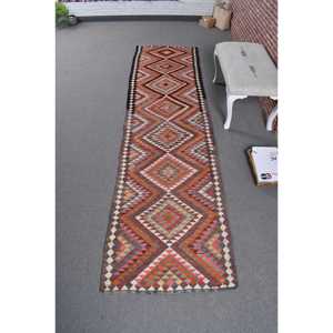 2.7x10.6 ft Vintage Kilim Rug, <b>Red</b> Floral Turkish <b>Wool</b> Rug - Product Image 1