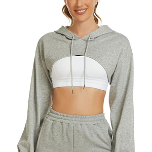Women Gym Crop Top <b>Hoodie</b> Long Sleeve Workout Hooded Sweatshirt Fitness Sportswear Activewear Slim Fit Athletic Pullover - Product Image 1