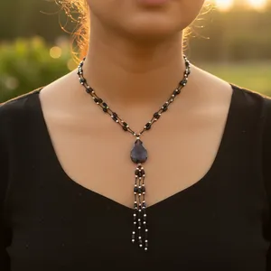 สร้อยคอทรง Y ประดับลูกปัดโอนิกซ์สีดำสไตล์โบฮีเมียนสำหรับผู้หญิง ควอตซ์วินเทจ รูปทรงตัวเลข ประดับมุก ทองเหลือง ของขวัญ สร้อยคอแฟชั่น - Product Image 2