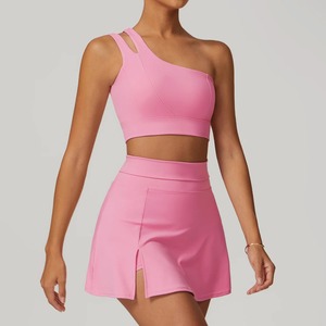 Hearuisavy 2pc Esportes Saia Terno Lazer Ao Ar Livre Único Ombro Sutiã Suit Secagem Rápida Yoga Tennis Set Yoga Saia Conjuntos