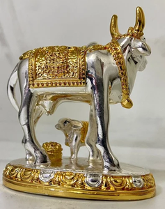 Handmade Resin <b>Gold</b> & Silver Coated Modern Rectangle Cow with Calf <b>Statue</b> Religious Diwali Tabletop Decor - Product Image 4